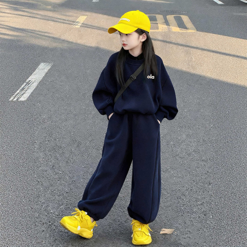 Lányok őszi casual kétdarabos készlet: hosszú ujjú pulóver felső + hosszú nadrág, egyszínű, 80% poliészter