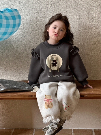 Pantaloni pentru fete cu fleece pe iarnă, stil coreean casual, 95% bumbac, talie medie, model desen animat