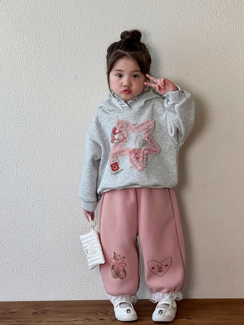 Pantaloni pentru fete cu fleece pe iarnă, stil coreean casual, 95% bumbac, talie medie, model desen animat
