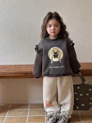 Pantaloni pentru fete cu fleece pe iarnă, stil coreean casual, 95% bumbac, talie medie, model desen animat