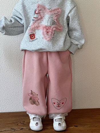 Pantaloni pentru fete cu fleece pe iarnă, stil coreean casual, 95% bumbac, talie medie, model desen animat