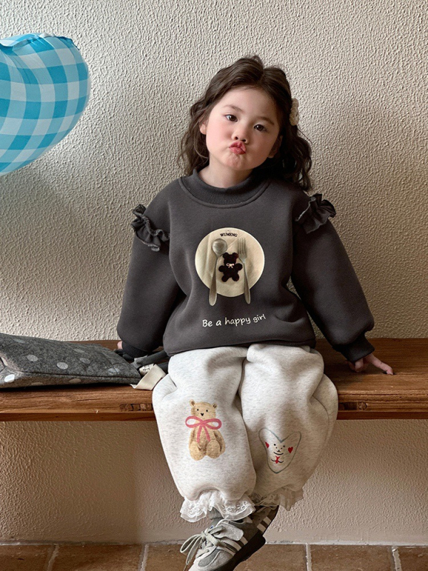 Pantaloni pentru fete cu fleece pe iarnă, stil coreean casual, 95% bumbac, talie medie, model desen animat