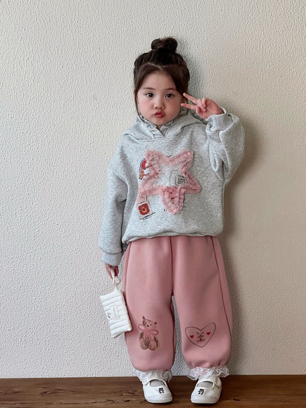 Pantaloni pentru fete cu fleece pe iarnă, stil coreean casual, 95% bumbac, talie medie, model desen animat