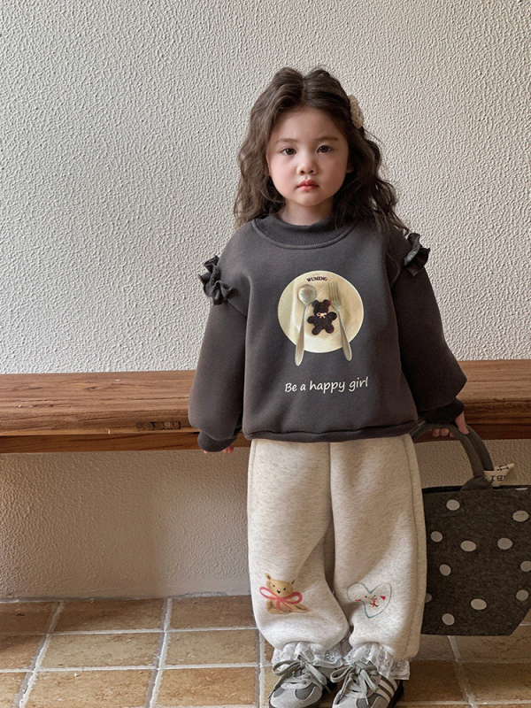 Pantaloni pentru fete cu fleece pe iarnă, stil coreean casual, 95% bumbac, talie medie, model desen animat