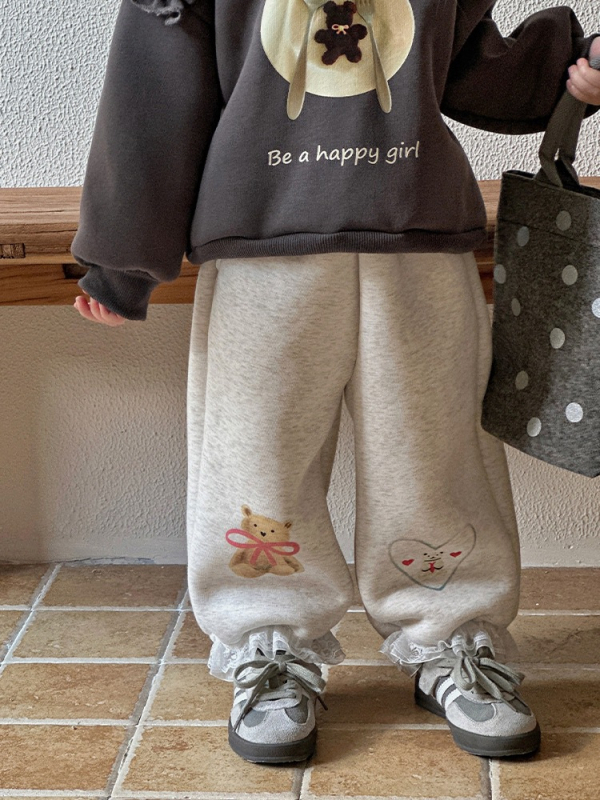 Pantaloni pentru fete cu fleece pe iarnă, stil coreean casual, 95% bumbac, talie medie, model desen animat