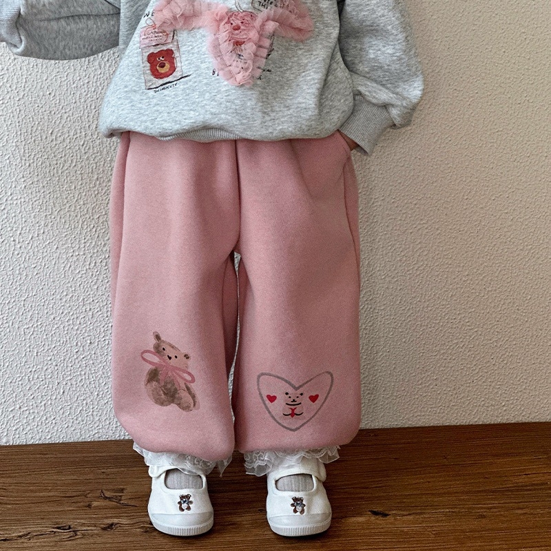 Pantaloni pentru fete cu fleece pe iarnă, stil coreean casual, 95% bumbac, talie medie, model desen animat
