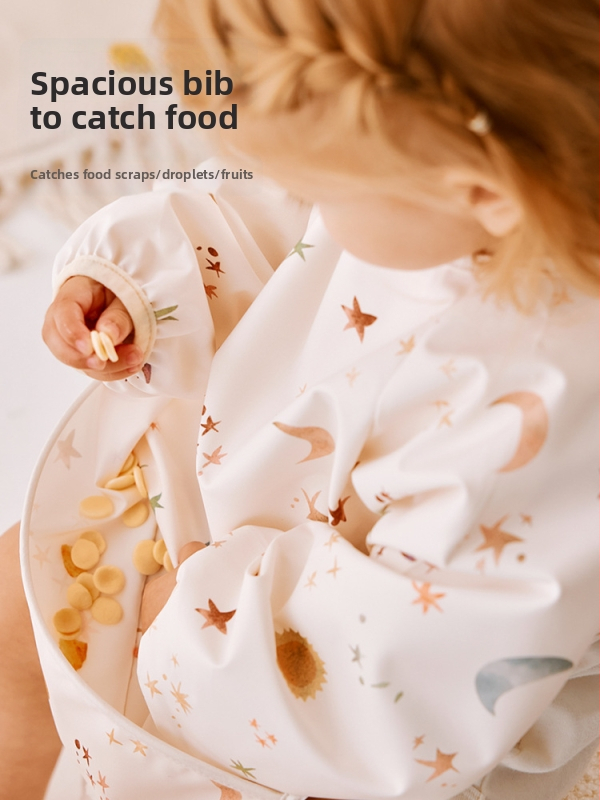 Bērnu ēdiena lakatiņš ar garām piedurknēm – karikatūru raksts, ūdensizturīgs, traipu noturība, piemērots zīdaiņiem 0–1 gads