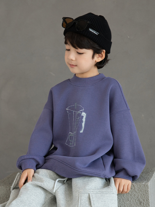Детски пуловер с дълги ръкави, памучен и дебелен, без качулка, принт с букви (за възраст 3-8 г., зима)
