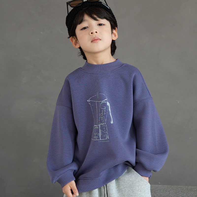 Детски пуловер с дълги ръкави, памучен и дебелен, без качулка, принт с букви (за възраст 3-8 г., зима)