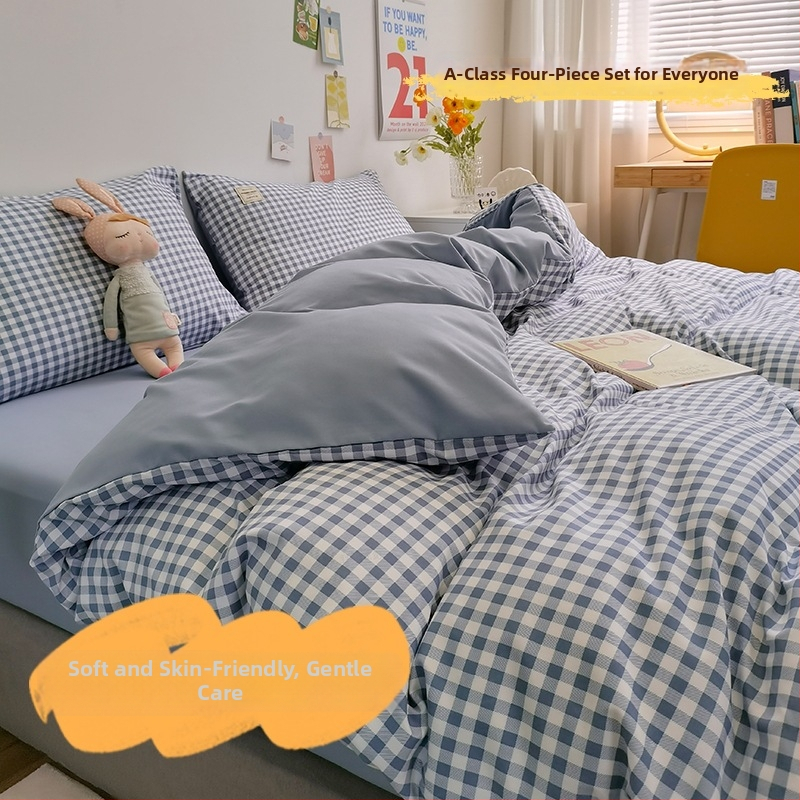 Keturių dalių patalynės komplektas iš išplauto medvilnės, INS šiuolaikinio stiliaus, dryžių/geometrinis/kvadratinis raštas, twill audinys, reaktyvus dažymas, svoris 2000-2500 g