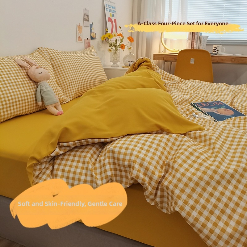 Keturių dalių patalynės komplektas iš išplauto medvilnės, INS šiuolaikinio stiliaus, dryžių/geometrinis/kvadratinis raštas, twill audinys, reaktyvus dažymas, svoris 2000-2500 g