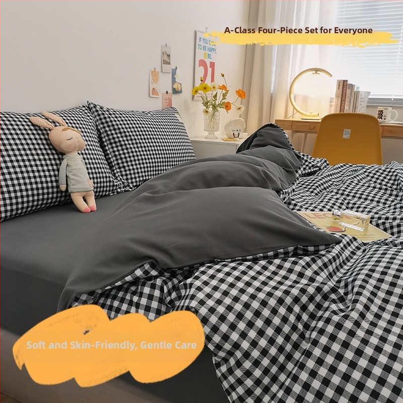 Keturių dalių patalynės komplektas iš išplauto medvilnės, INS šiuolaikinio stiliaus, dryžių/geometrinis/kvadratinis raštas, twill audinys, reaktyvus dažymas, svoris 2000-2500 g