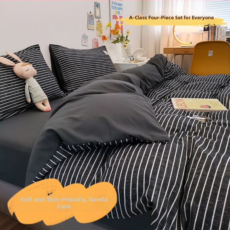 Keturių dalių patalynės komplektas iš išplauto medvilnės, INS šiuolaikinio stiliaus, dryžių/geometrinis/kvadratinis raštas, twill audinys, reaktyvus dažymas, svoris 2000-2500 g