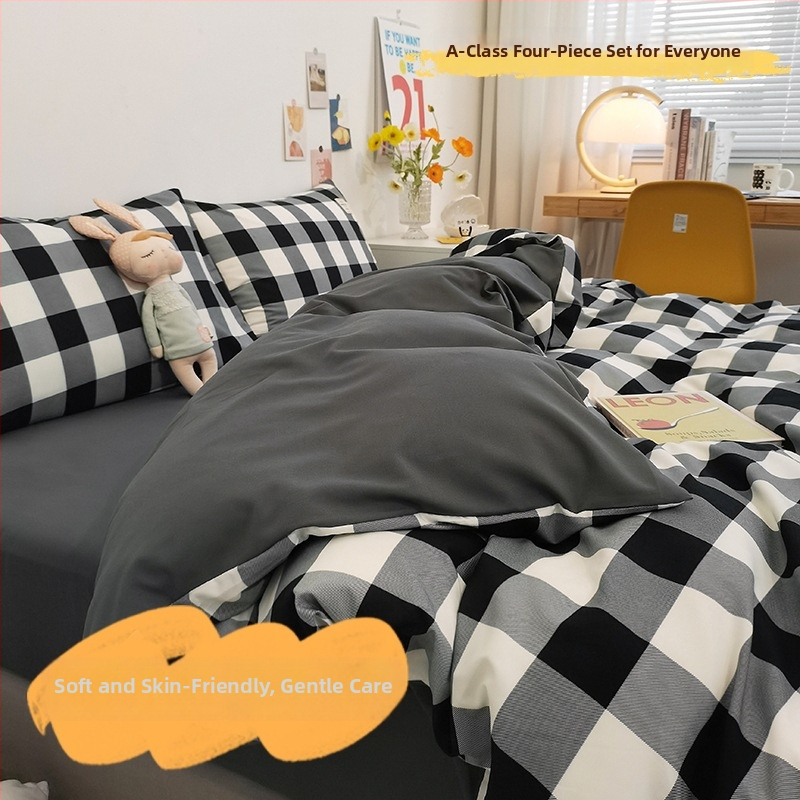 Keturių dalių patalynės komplektas iš išplauto medvilnės, INS šiuolaikinio stiliaus, dryžių/geometrinis/kvadratinis raštas, twill audinys, reaktyvus dažymas, svoris 2000-2500 g