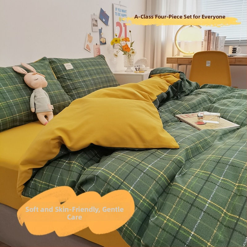 Keturių dalių patalynės komplektas iš išplauto medvilnės, INS šiuolaikinio stiliaus, dryžių/geometrinis/kvadratinis raštas, twill audinys, reaktyvus dažymas, svoris 2000-2500 g