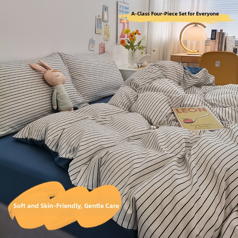 Keturių dalių patalynės komplektas iš išplauto medvilnės, INS šiuolaikinio stiliaus, dryžių/geometrinis/kvadratinis raštas, twill audinys, reaktyvus dažymas, svoris 2000-2500 g