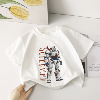 Detské letné tričko s krátkymi rukávmi, motívom mecha, okrúhly výstrih, odvádzajúce vlhkosť, 100% polyester, pre vek 3–8 rokov.