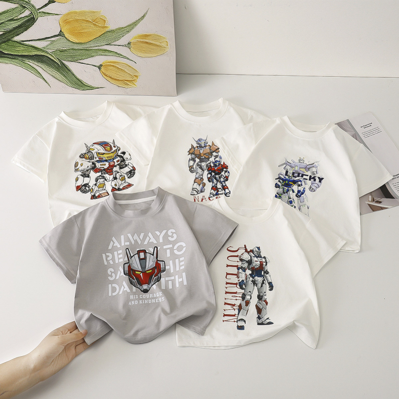 Detské letné tričko s krátkymi rukávmi, motívom mecha, okrúhly výstrih, odvádzajúce vlhkosť, 100% polyester, pre vek 3–8 rokov.