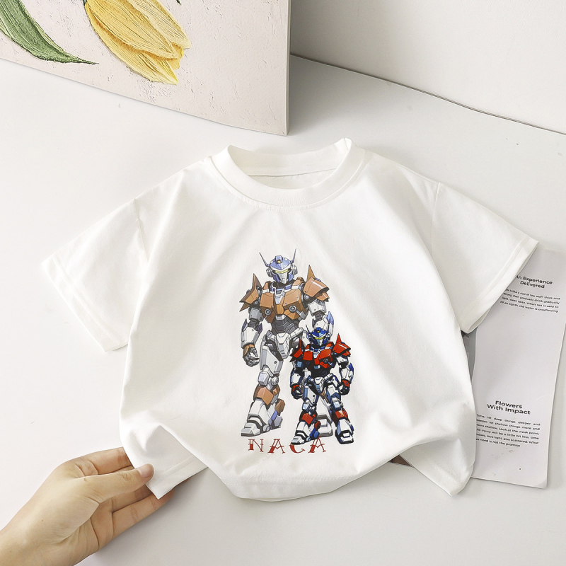 Detské letné tričko s krátkymi rukávmi, motívom mecha, okrúhly výstrih, odvádzajúce vlhkosť, 100% polyester, pre vek 3–8 rokov.