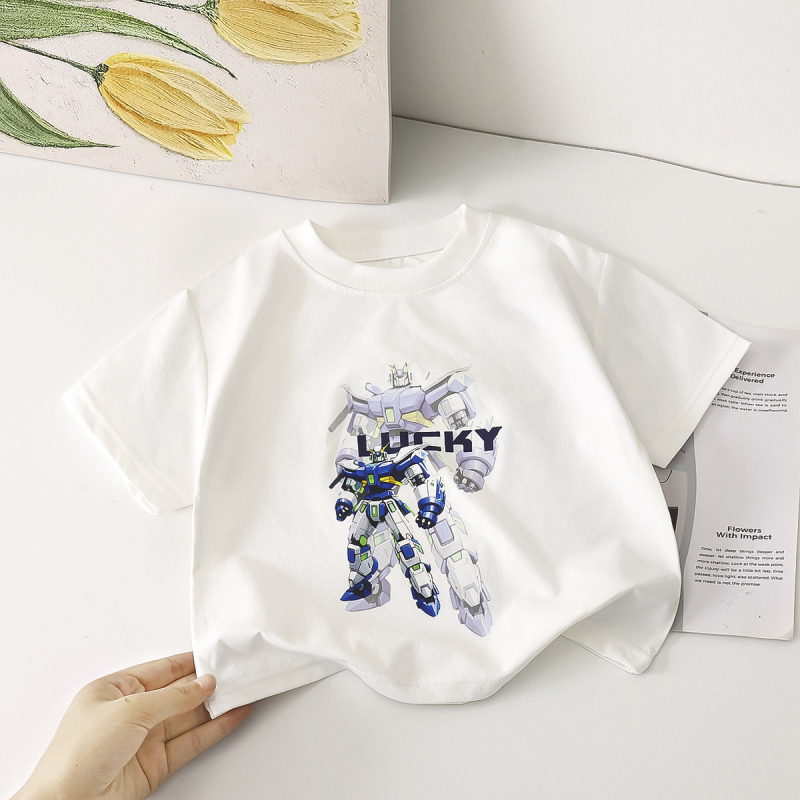 Detské letné tričko s krátkymi rukávmi, motívom mecha, okrúhly výstrih, odvádzajúce vlhkosť, 100% polyester, pre vek 3–8 rokov.