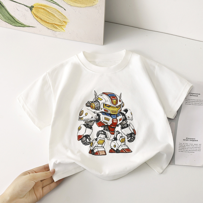 Detské letné tričko s krátkymi rukávmi, motívom mecha, okrúhly výstrih, odvádzajúce vlhkosť, 100% polyester, pre vek 3–8 rokov.