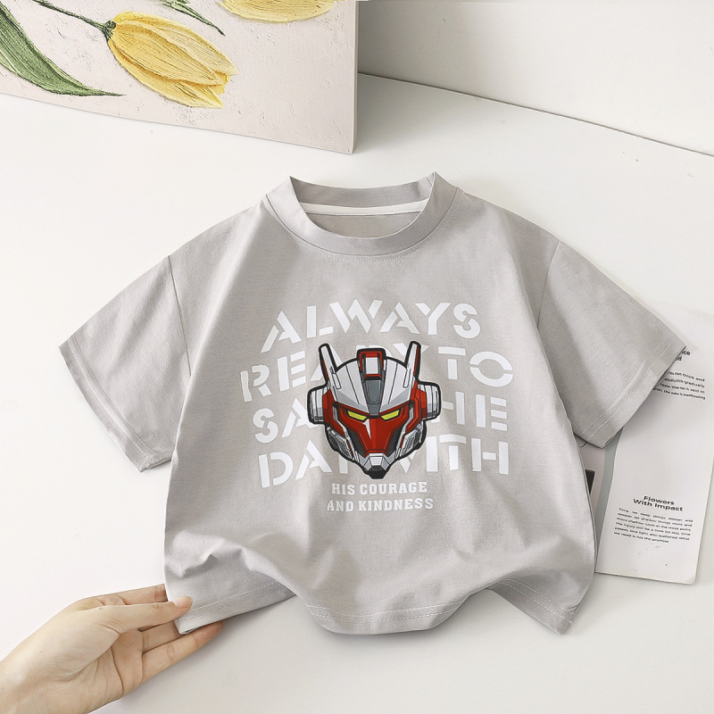 Detské letné tričko s krátkymi rukávmi, motívom mecha, okrúhly výstrih, odvádzajúce vlhkosť, 100% polyester, pre vek 3–8 rokov.