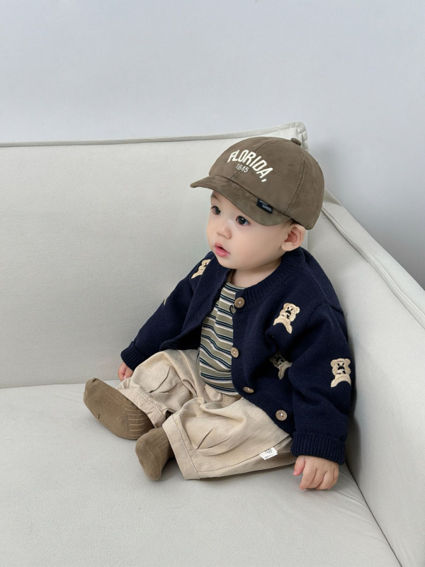 Koreai-stílusú fiúk számára: két részes kötött kardigán és nadrág szett, 1–3 éveseknek, hosszú ujjú, könnyű anyag, tavasz-őszi