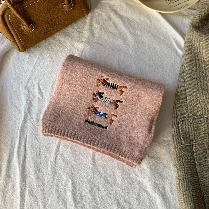 Vilnonis megztas kepurės ir šaliko komplektas su siuvinėtu dachshund motyvu, unisex, suaugusiems, žiema 2024