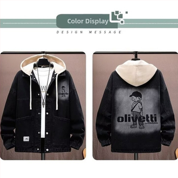 Pánska džínová bunda s stojacim golierom, voľný strih, bez kapucne, dlhé rukávy, 3D patch vrecká, jednofarebná, zmes polyesteru