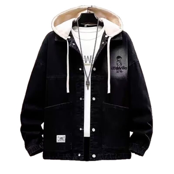 Pánska džínová bunda s stojacim golierom, voľný strih, bez kapucne, dlhé rukávy, 3D patch vrecká, jednofarebná, zmes polyesteru