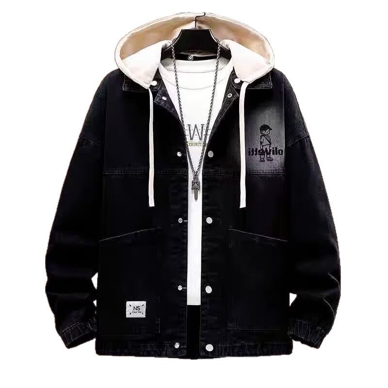 Pánska džínová bunda s stojacim golierom, voľný strih, bez kapucne, dlhé rukávy, 3D patch vrecká, jednofarebná, zmes polyesteru