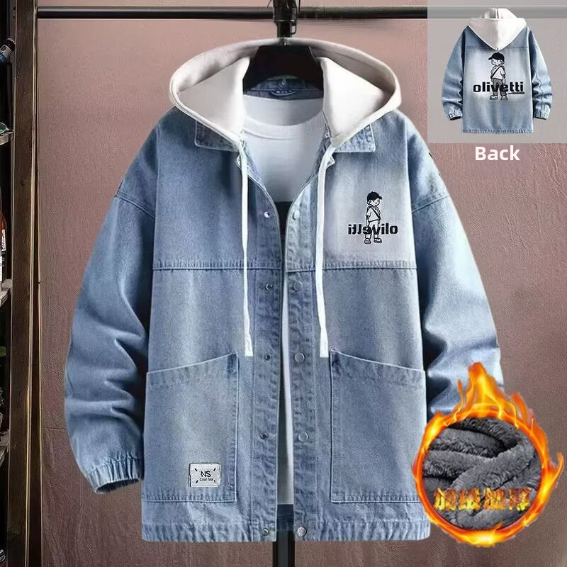 Pánska džínová bunda s stojacim golierom, voľný strih, bez kapucne, dlhé rukávy, 3D patch vrecká, jednofarebná, zmes polyesteru