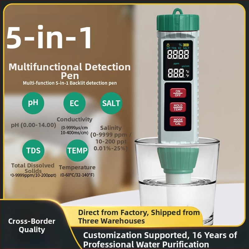 Hordozható vízminőség-analizáló 5 az 1-ben: pH, EC, TDS, sókoncentráció és hőmérséklet (Model MF-X51)