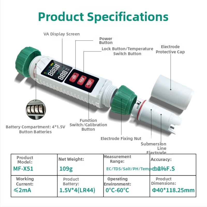 Portatīvs ūdens kvalitātes analizators 5 vienā: pH, EC, TDS, sāļums un temperatūra (Model MF-X51)