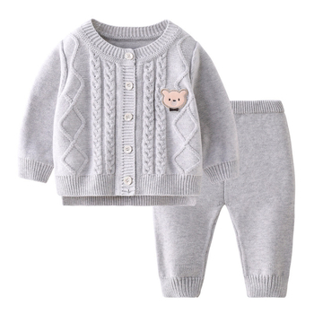 Set din două piese pentru bebeluți din tricot, unisex, mâneci lungi, închidere cu nasturi în față, țesătură tricot 84% bumbac