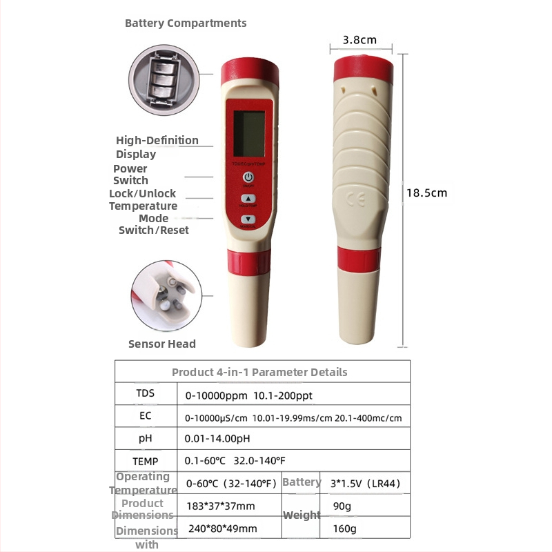 W4L Četrfunkcionālais pārnēsājamais ūdens kvalitātes analizators ar pH (0.00–14.00), TDS (0–19990 ppm), EC (0–19990 μS/cm) un temperatūru (0.1°C izšķirtspēja, ±0.5°C) augstas precizitātes pH tester