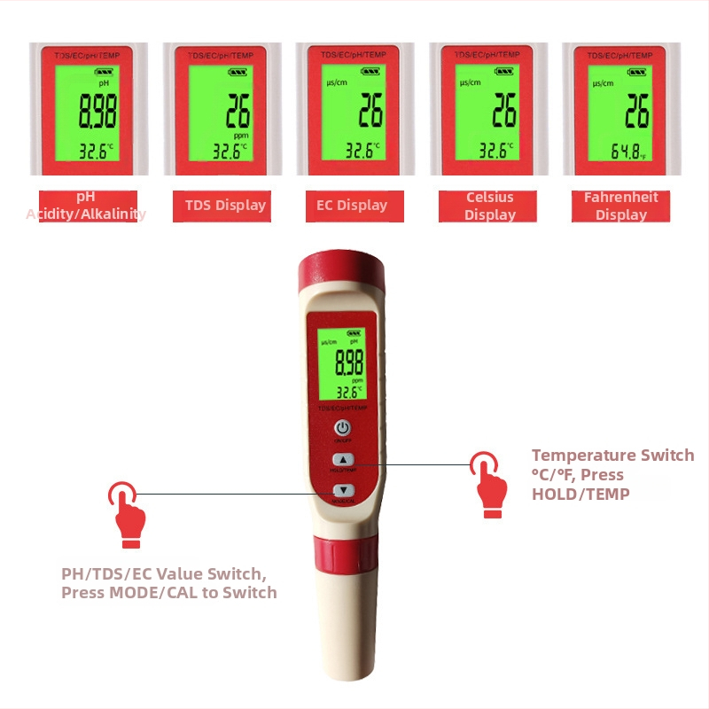 W4L Četrfunkcionālais pārnēsājamais ūdens kvalitātes analizators ar pH (0.00–14.00), TDS (0–19990 ppm), EC (0–19990 μS/cm) un temperatūru (0.1°C izšķirtspēja, ±0.5°C) augstas precizitātes pH tester