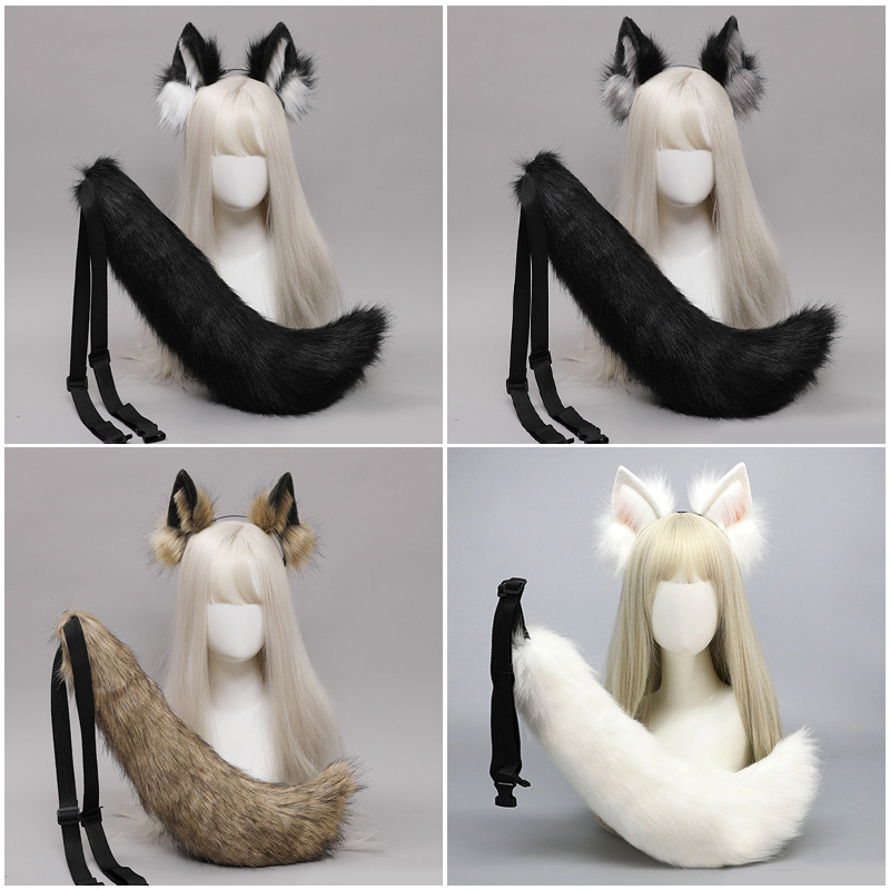 Bandă pentru cap din pluș cu urechi de bestie, lucrată manual, design cartoon lup, unisex