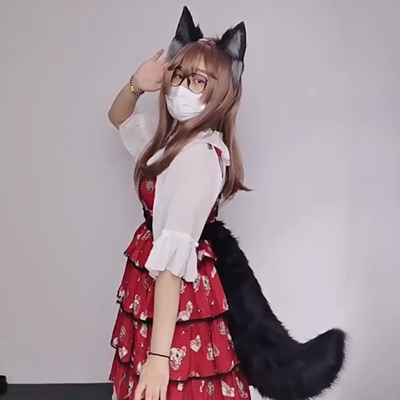 Bandă pentru cap din pluș cu urechi de bestie, lucrată manual, design cartoon lup, unisex