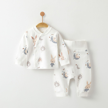 Naujagimių dviejų dalių miego komplektas – švelnus Shuilong medvilnė (95%), plonas šiltas viršus ir kelnės, gyvūnų/animacinių vaizdų atspaudai, žiemai-pavasariui-rudeniui