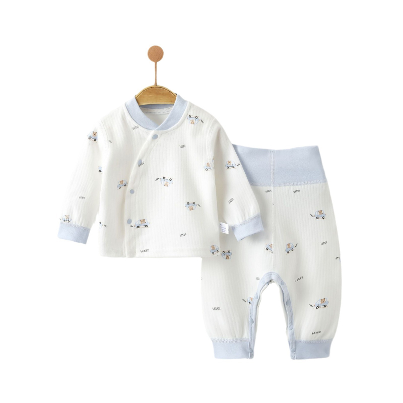 Naujagimių dviejų dalių miego komplektas – švelnus Shuilong medvilnė (95%), plonas šiltas viršus ir kelnės, gyvūnų/animacinių vaizdų atspaudai, žiemai-pavasariui-rudeniui