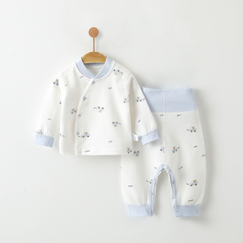 Naujagimių dviejų dalių miego komplektas – švelnus Shuilong medvilnė (95%), plonas šiltas viršus ir kelnės, gyvūnų/animacinių vaizdų atspaudai, žiemai-pavasariui-rudeniui