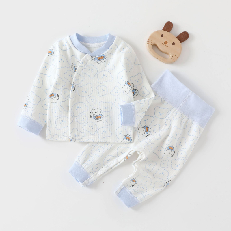 Naujagimių dviejų dalių miego komplektas – švelnus Shuilong medvilnė (95%), plonas šiltas viršus ir kelnės, gyvūnų/animacinių vaizdų atspaudai, žiemai-pavasariui-rudeniui