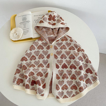 Gyermek kapucnis kötött pelerina, virágos mintával, 100% pamut, egy gombos zárás, 1–3 éveseknek, tavasz–ősz