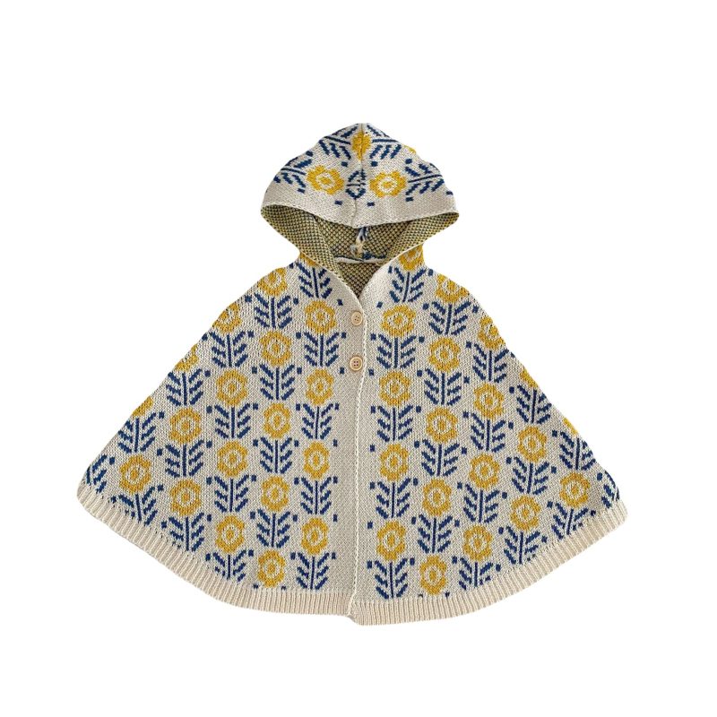 Gyermek kapucnis kötött pelerina, virágos mintával, 100% pamut, egy gombos zárás, 1–3 éveseknek, tavasz–ősz