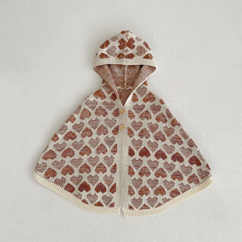 Gyermek kapucnis kötött pelerina, virágos mintával, 100% pamut, egy gombos zárás, 1–3 éveseknek, tavasz–ősz