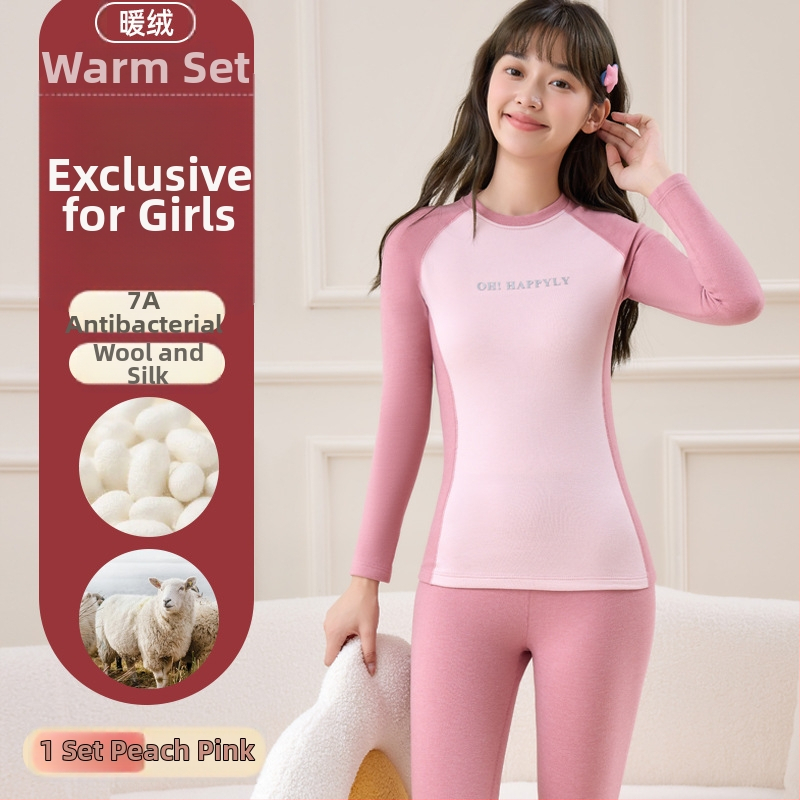 Vilnonis šiluminis komplektas paauglių mergaitėms — šildymas, anti-pilling, apvalus kaklas, ilgomis rankovėmis viršus ir kelnės, 13–18 metų