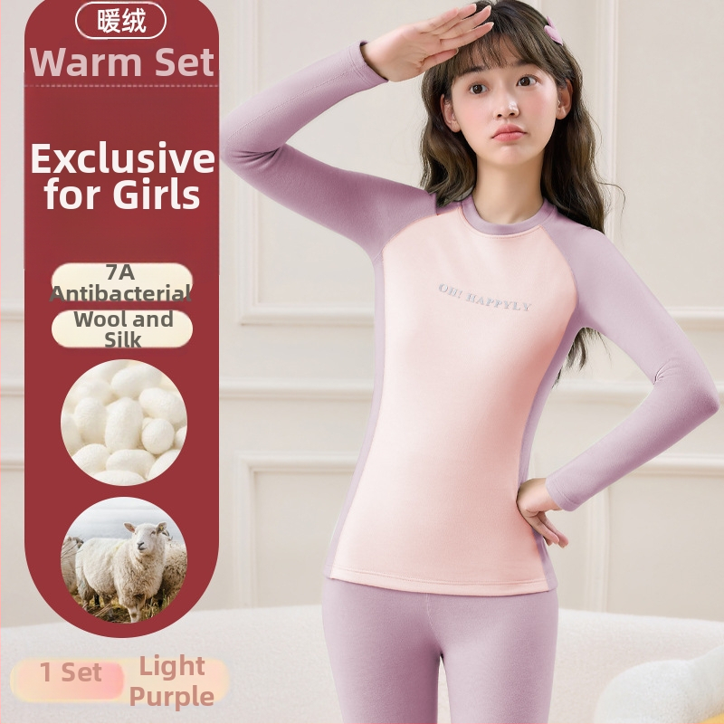 Vilnonis šiluminis komplektas paauglių mergaitėms — šildymas, anti-pilling, apvalus kaklas, ilgomis rankovėmis viršus ir kelnės, 13–18 metų