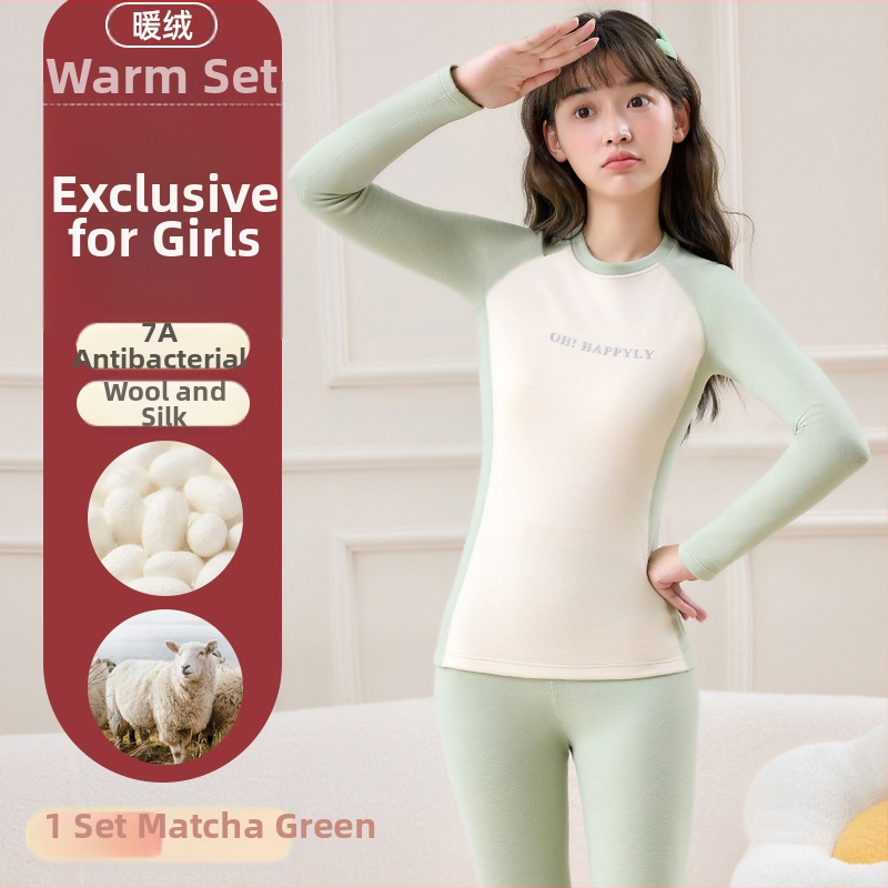 Vilnonis šiluminis komplektas paauglių mergaitėms — šildymas, anti-pilling, apvalus kaklas, ilgomis rankovėmis viršus ir kelnės, 13–18 metų