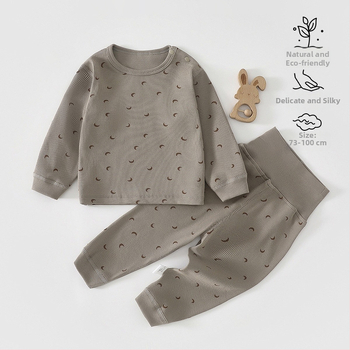 Vaikų dviejų dalių pižamų komplektas iš medvilnės, apvalus kaklo viršūnė ir kelnytės, piešinys cartoon, unisex, 1–3 metų amžiaus, pavasaris-ruduo